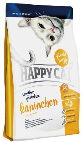 купить Happy Cat Sensitive Grainfree Raninchen сухой корм для взрослых кошек с чувствительным пищеварением с кроликом, говядиной, картофелем и морковью