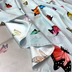 матовый шелк голубой с бабочками фото