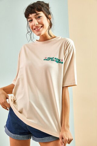 Qadın üçün geniş ölçülü t-shirt bej 30701066