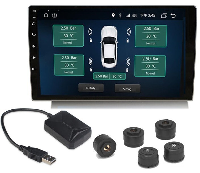 Система контроля давления шин Carmedia TPMS-EXT с внешними датчиками (на ниппели). Вывод данных на Android-магнитолу
