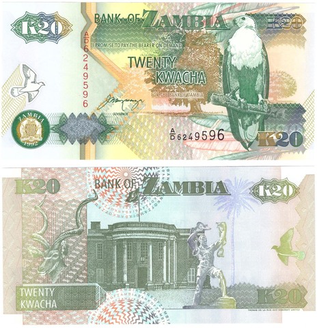 Банкнота 20 квача 1992 г. Замбия. UNC