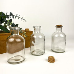 Баночки - бутылочки с пробкой, стеклянные, прозрачные 125 мл, 5,8*10 см, набор 3 штуки.
