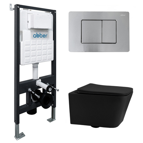 Abber AC1201MB-AC0105-AC0120MCH Комплект подвесной унитаз Abber Rechteck AC1201MB черный матовый с инсталляцией AC0105 и кнопкой AC0120MCH матовый хром