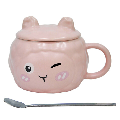 Керамическая кружка с крышкой и ложкой, розовый, 370 мл