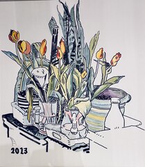 «Букеты с тюльпанами» 2026 г. Юлия Похалецкая 93х82 см (маркер, тушь, мдф)