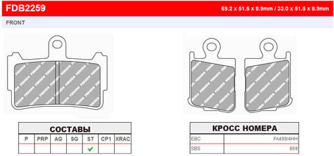 FDB2259ST Тормозные колодки дисковые MOTO, блистер 4 шт