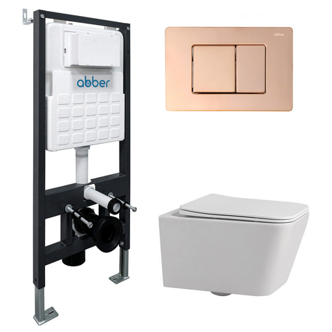 Abber Rechteck AC1201-AC0105-AC0120RG Комплект подвесной унитаз белый с инсталляцией AC0105 и кнопкой AC0120RG золото розовое