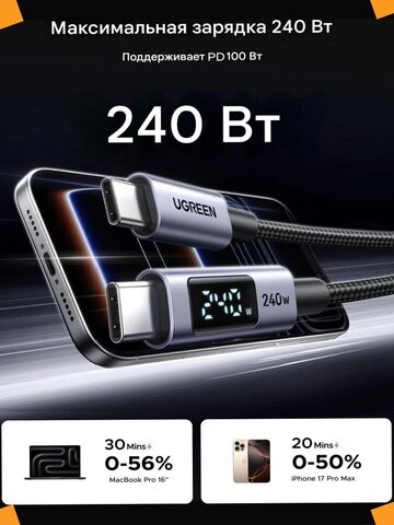 Зарядный кабель UGREEN L530 (65866) USB-C to USB-C PD 240W Max Fast Charging Cable, 1м, серый космос