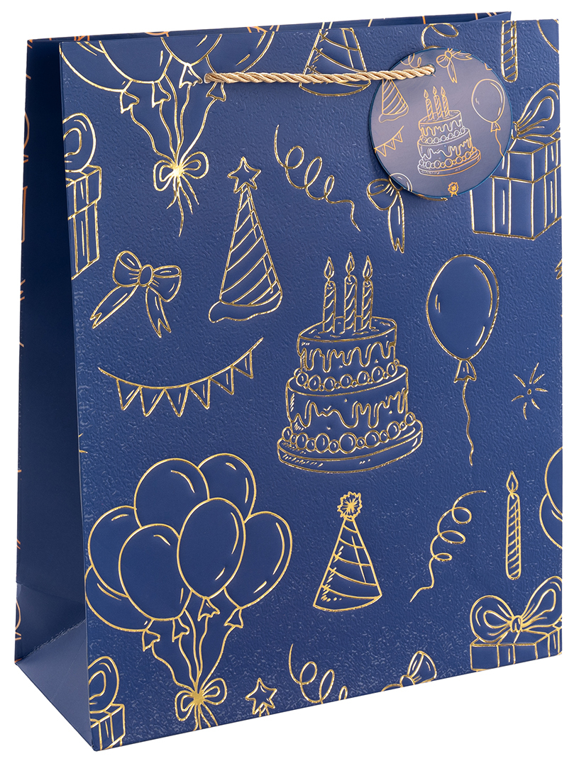 Пакет подарочный L вертикальный, Праздничный, Дизайн №3, Синий, Металлик, 31*40*11,5 см (Д*В*Ш), 1 шт.