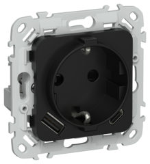 FLITE Розетка 1-местная с заземлением с защитными шторками 16А с USB A+C 20Вт РСЮшс11-0-ФлЧ черный IEK