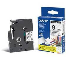 Ламинированная лента для наклеек Brother TZe-121 - ширина 9 мм, черный шрифт на прозрачном фоне