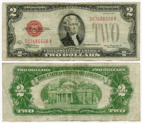 Банкнота США 2 доллара 1928 D 07486608 A (подписи Julian и Morgenthau). VG