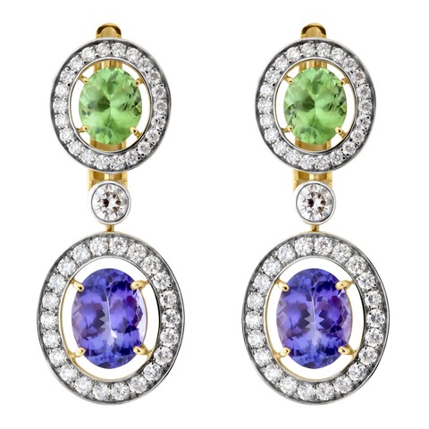 Серьги с Танзанитами, Цаворитами и Бриллиантами, Е0022-1/4