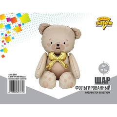 К Сидячая-фигура, Мишка бежевый, бант золотой, 28''/71 см, 1 шт. (в упаковке)