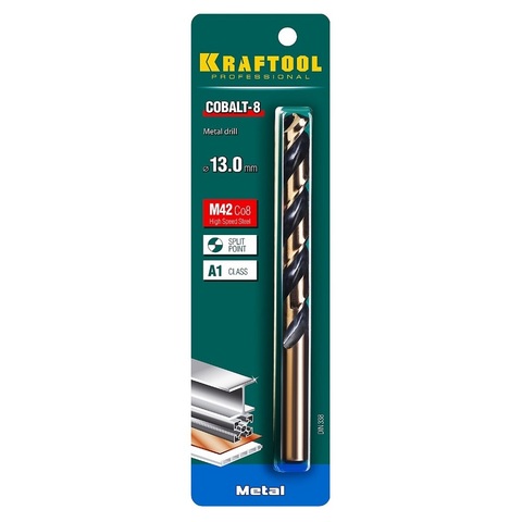 KRAFTOOL COBALT 13.0 х151мм, Сверло по металлу HSS-Co(8%) , сталь М42(S2-10-1-8)