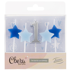 Свечи тортовые Набор 1-ый День Рождения Мальчика, Серебро/Голубой, 2,5*3,5 + 4 см, 5 шт.