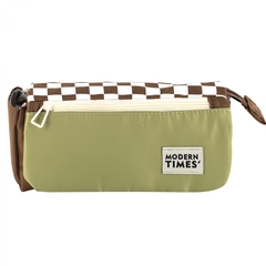 Пенал - косметичка Alingar, ткань, молния, боковой карман, липучка, 200 х 90 х 45 мм, "Modern TIMES", коричневый/хаки, дизайн клетка, европодвес