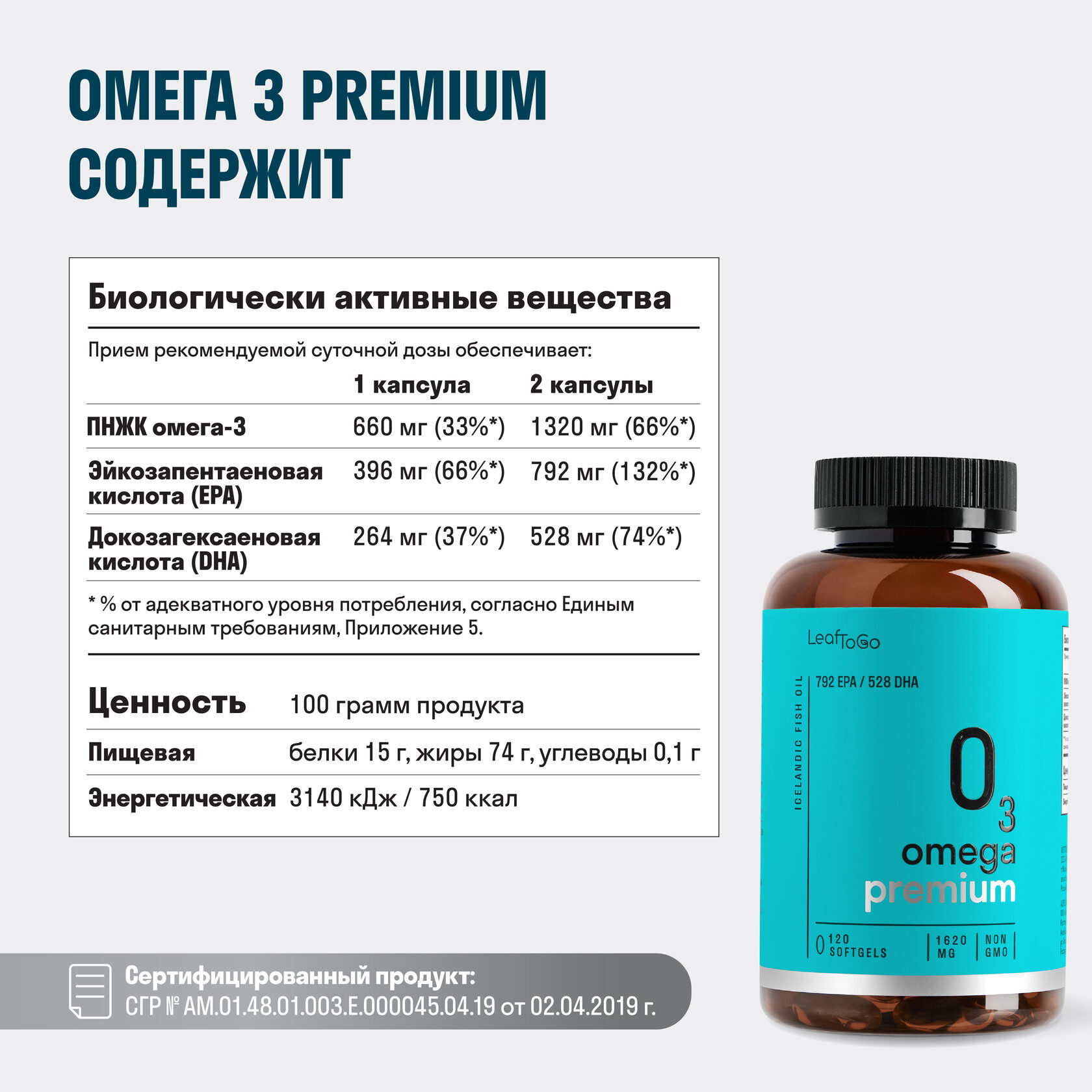 Омега-3 премиум, Omega-3 Premium, Leaf To Go, 120 желатиновых капсул купить  по выгодной цене в Москве со скидками | Велнес маркет Pure-Store