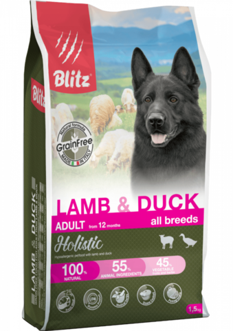 Blitz Holistic Lamb & Duck собаки всех пород, сухой, ягненок утка (1,5 кг)