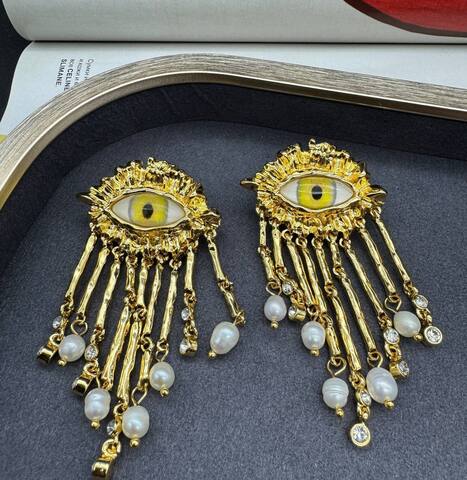 73344- Серьги YELLOW EYE в стиле Schiaparelli с подвесками из речного жемчуга
