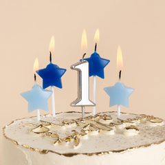 Свечи тортовые Набор 1-ый День Рождения Мальчика, Серебро/Голубой, 2,5*3,5 + 4 см, 5 шт.