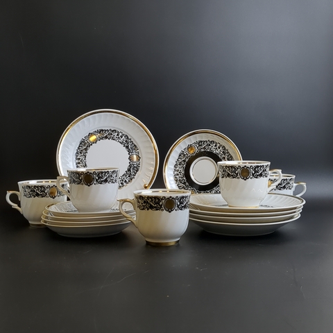 Кофейное трио на 5 персон, (15 предметов), фарфор, декор, золочение, винтаж времен СССР, Рига 1980-е гг