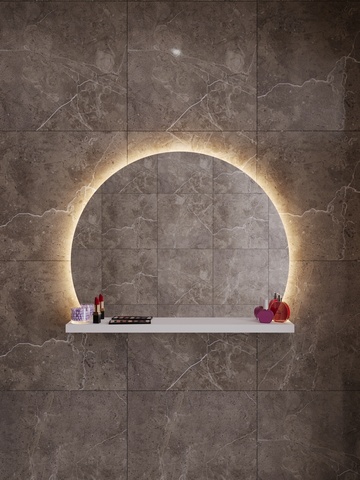 Круглое усеченное зеркало с полкой для ванной комнаты. LED подсветка