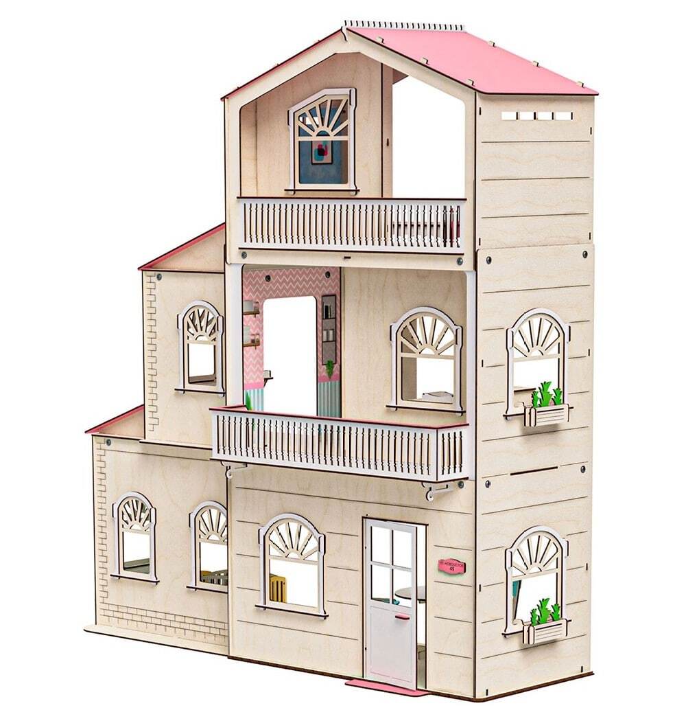 Деревянный кукольный домик с мебелью для Барби 