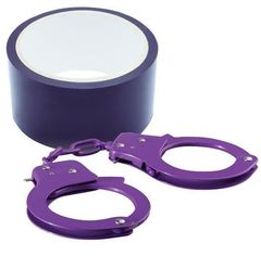 Набор для фиксации BONDX METAL CUFFS AND RIBBON: фиолетовые наручники из листового материала и липкая лента - 