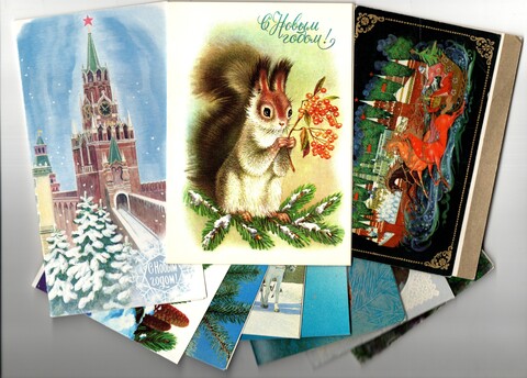 Подборка поздравительных двойных новогодних открыток — 10 штук— разные художники, — чистые, без повторов времен СССР