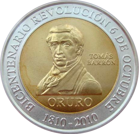 Боливия жетон медаль 2010 Оруро Война за независимость Томас Баррон 1810 СЕРЕБРО