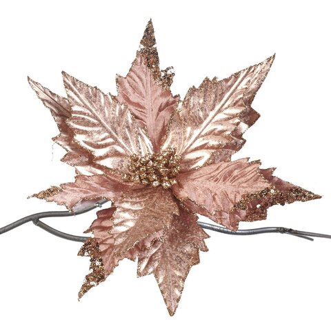 Пуансеттия на клипсе 2шт 32см Goodwill розовая/золотая