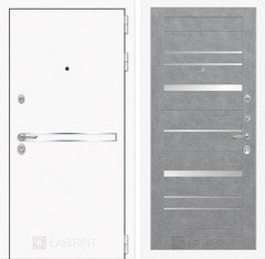 Входная металлическая белая дверь Лабиринт Лайн Вайт (Line White) 20 Бетон светлый, стекла белые