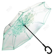 Прозрачный зонт-трость обратного сложения зеленые лепестки, механика