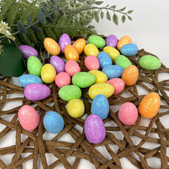 Яйцо разноцветное из пенопласта с блестками, пасхальный декор, размер 2*3 см, набор 36 шт.