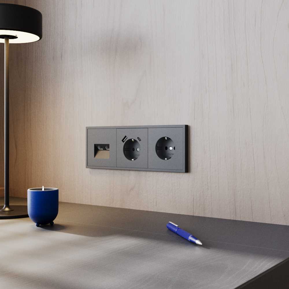 Розетка встраиваемая Voltum S70 с заземлением и защитными шторками, 16А, с USB, A+С, (графит) VLS040507