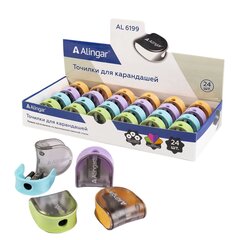 
          Точилка пластиковая Alingar, 1 отверстие, контейнер, ассорти, картонная упаковка (24шт)