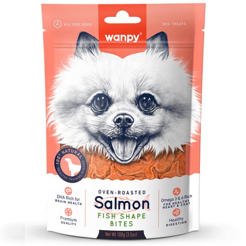 Wanpy Dog лакомство для собак кусочки из нежного лосося в форме рыбок 100г