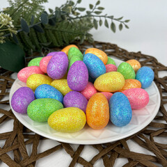 Яйцо разноцветное размер 2*3 см, из пенопласта с блестками, пасхальный декор, набор 36 шт.