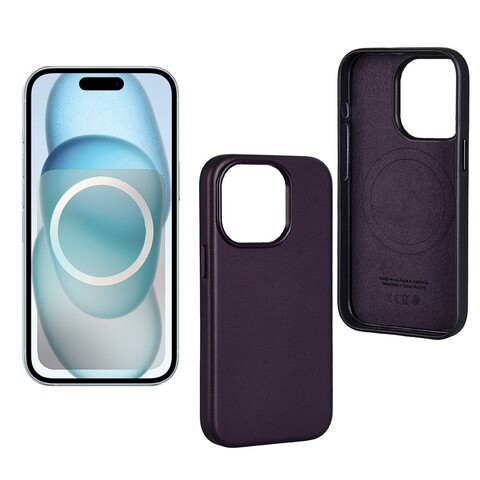 Чехол из натуральной кожи с магнитом (MagSafe) Leather Case Premium для iPhone 15 Pro (Темно-фиолетовый)