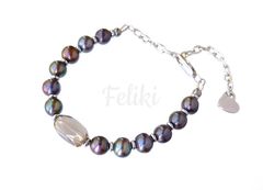 браслет из чёрного жемчуга с раухтопазом