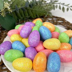 Яйцо разноцветное из пенопласта с блестками, пасхальный декор, размер 2*3 см, набор 36 шт.