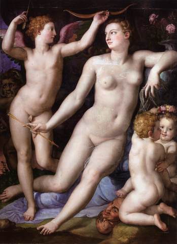 Аньоло Бронзино. Venus, Cupid and Envy, c.1549.  Cтиль: Маньеризм (Позднее Возрождение).  Жанр: мифологическая живопись.   Масло, панель. Размеры: 192 x 142 см.