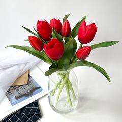 Тюльпаны силиконовые как настоящие, ПРЕМИУМ качество, Красные, букет 7 штук, 27 см.