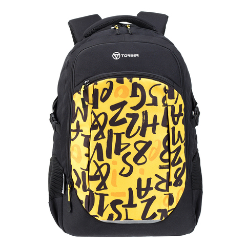 Рюкзак TORBER CLASS X, черно-желтый с принтом Буквы, полиэстер 900D, 45 x 30 x 18 см, 17 л, отделение для ноутбука - 15,6 (T9355-22-BLK-YEL) | Wen-Vic.Ru