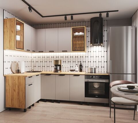 Кухня Техно 1,4х2,4м Компоновка №9 (Холст латте, Дуб Крафт (Дуб вотан))