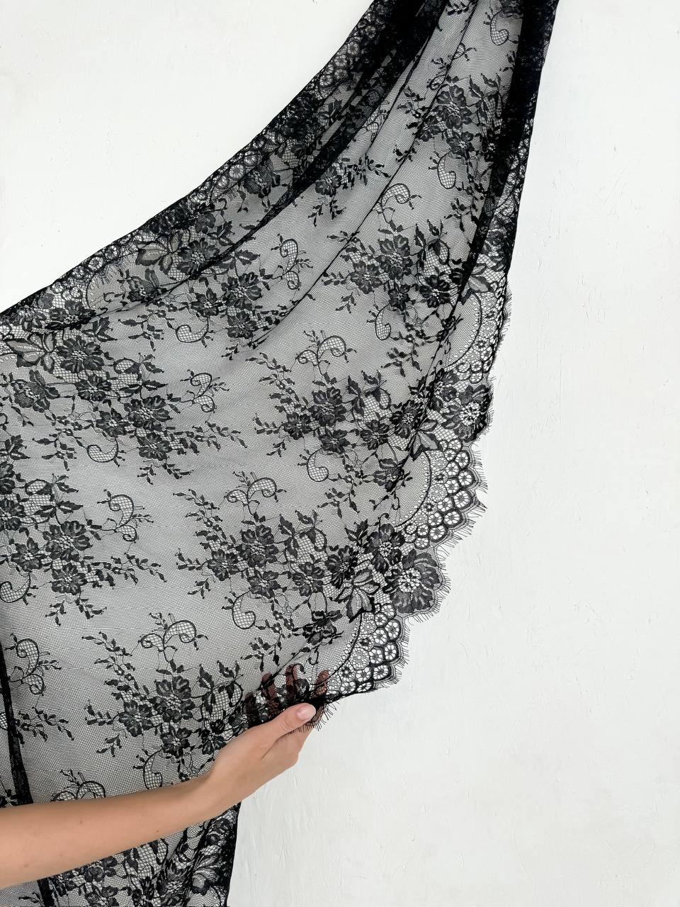 Кружево шантильи для белья черное широкое неэластичное ширина 70 см купон 2,9 м