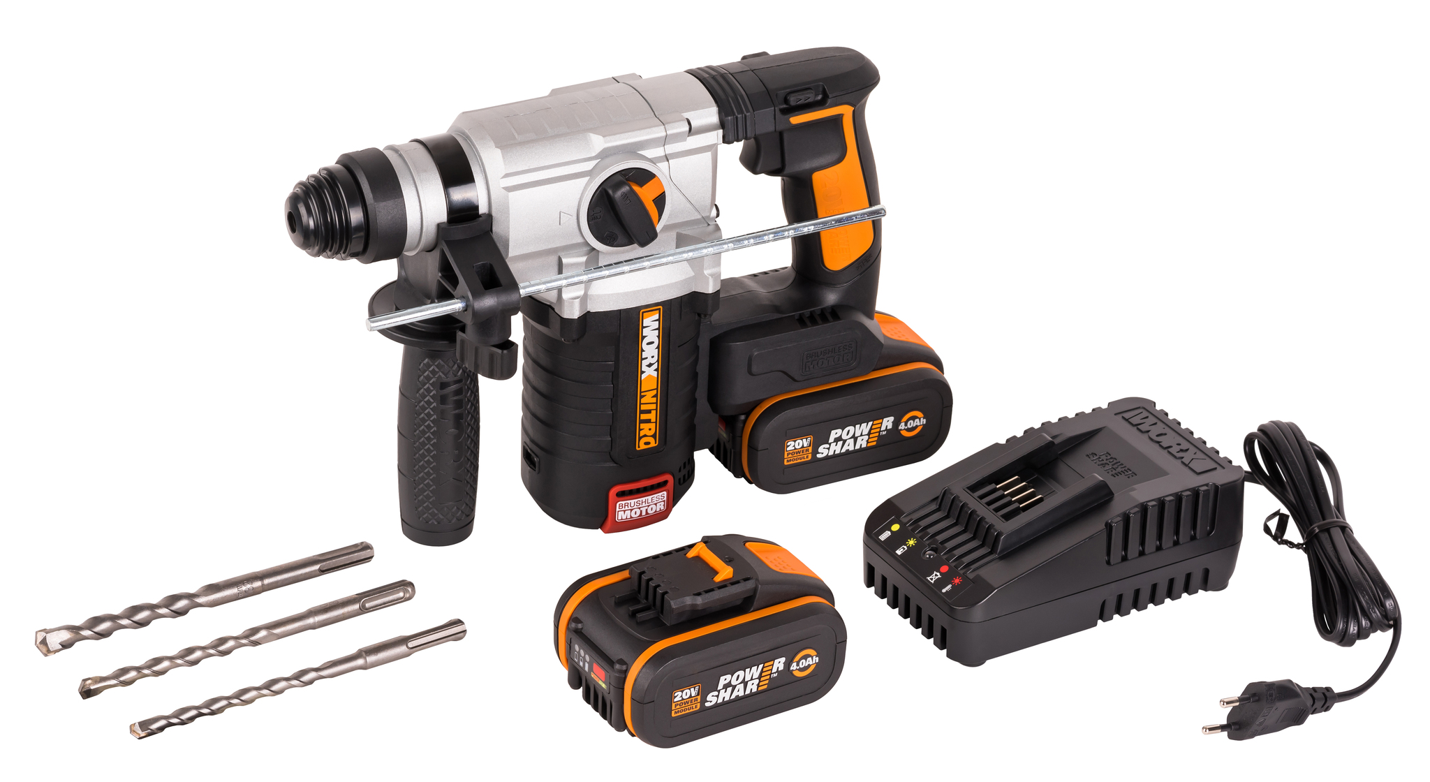 Перфоратор аккумуляторный бесщеточный WORX WX380, 20В, 4Ач x2, ЗУ 2А, кейс