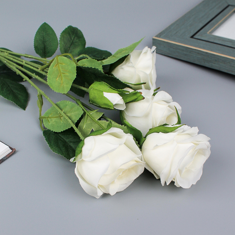 №2 Розы искусственные кустовые евро, цвет белый, ветка 2 головы и 3 бутона, 72 см, 1 шт.