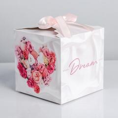 Коробка самосборная одиночная Куб, 12*12*12 см, Dream, Цветочное сердце, с лентой, 1 шт.